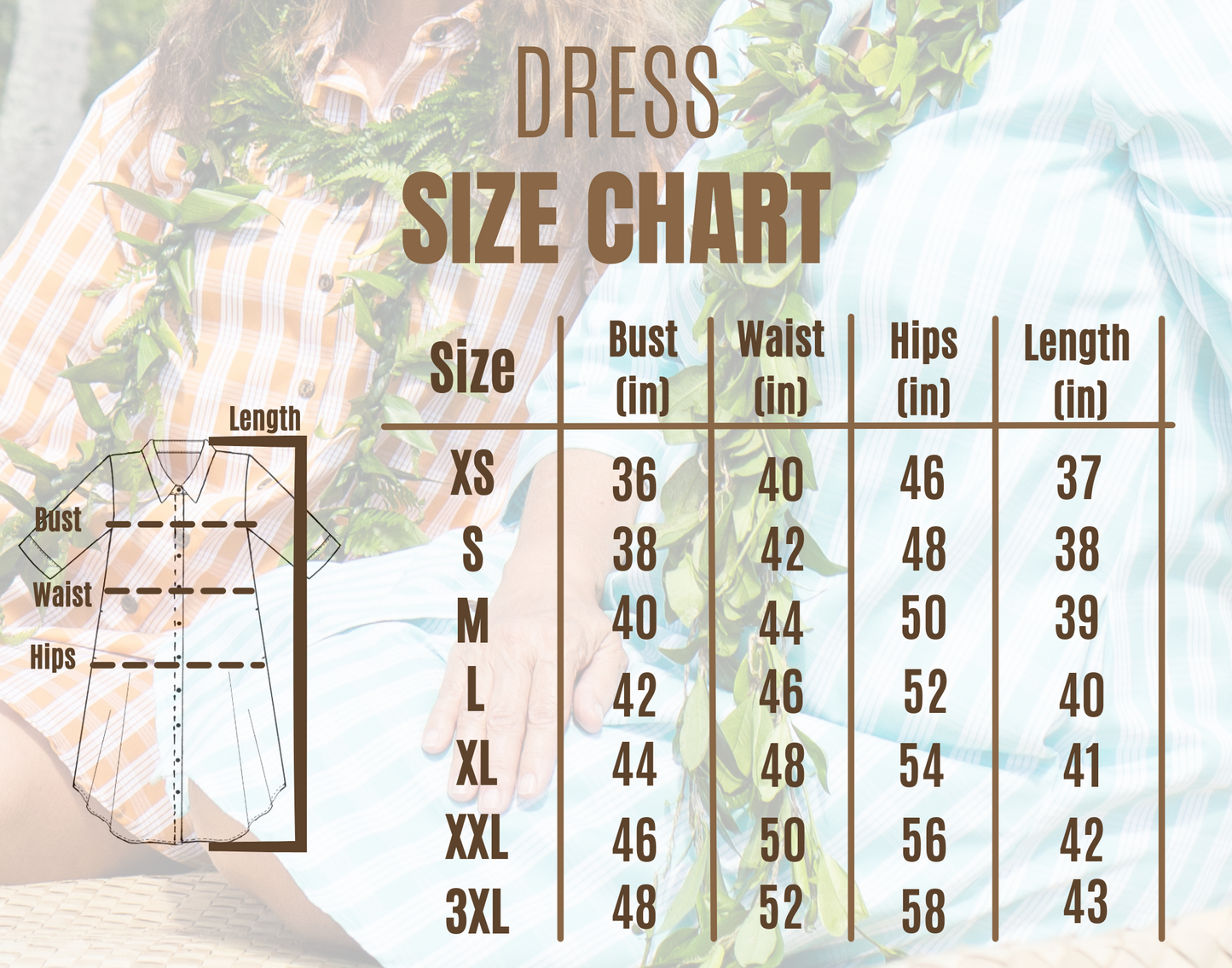 Dress size chart overlaying a close-up of two people sitting outdoors with leis. Warm lighting, hazy effect.