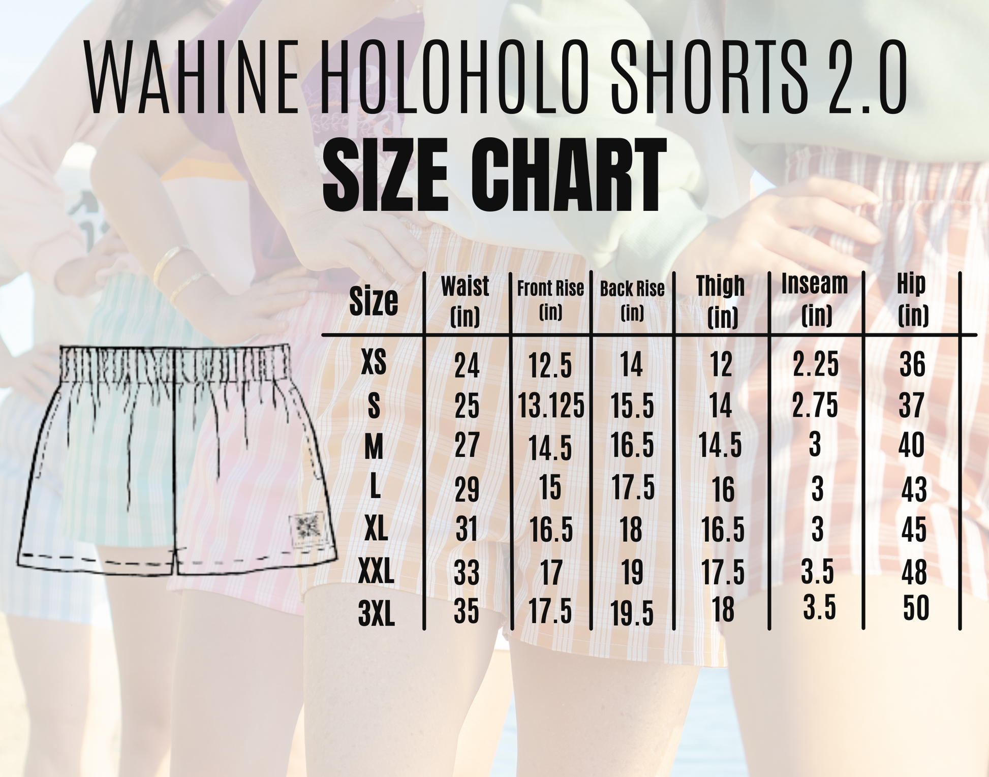 Wahine Holoholo Shorts 2.0 with Palaka print in Pōhuehue color. Various individuals wearing shorts, hands on hips, outdoors with sunlight. Size chart overlay.