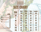 Size chart overlaying a background with people wearing dresses in orange and blue Palaka prints, adorned with greenery.