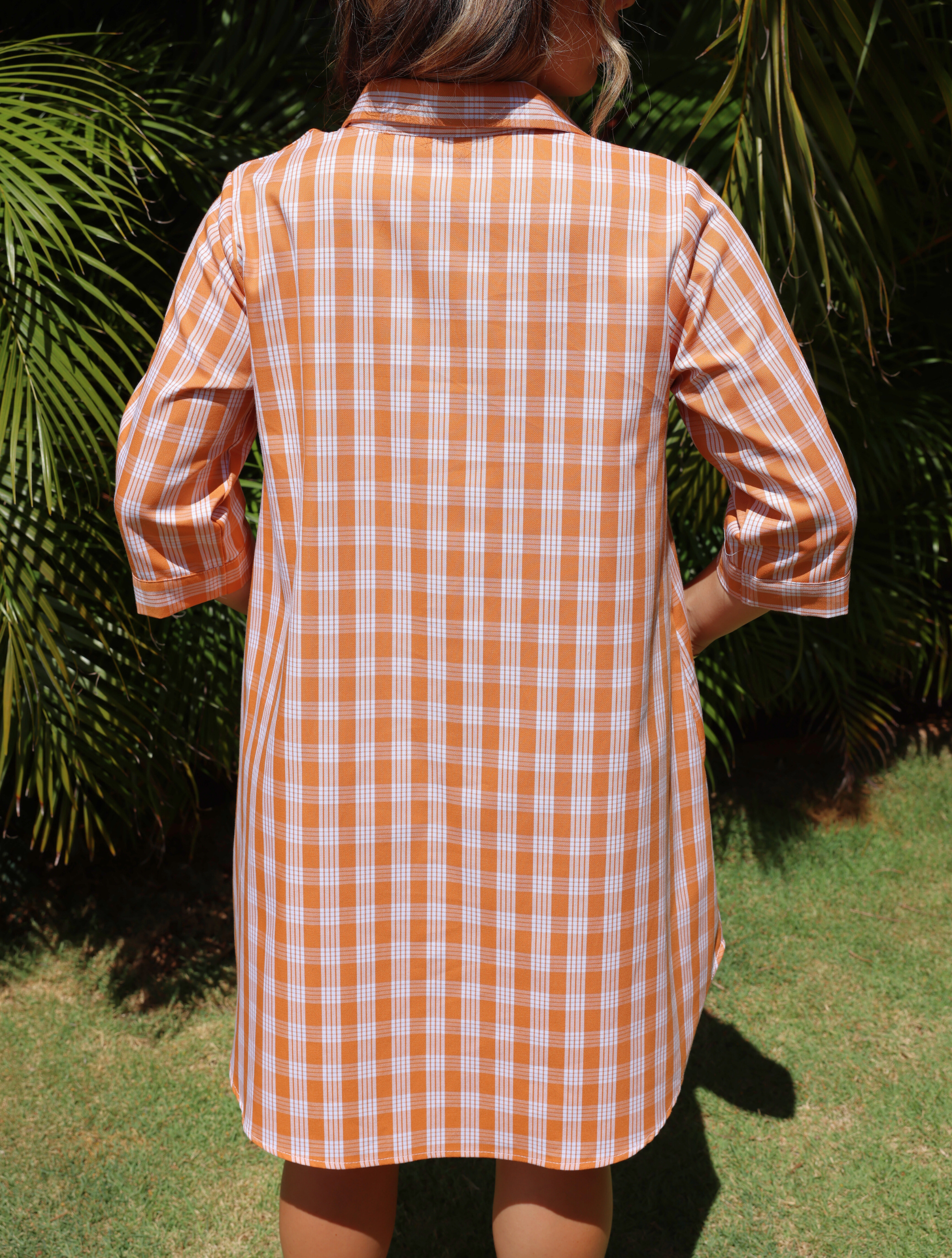 Dress with Kaunaʻoa Rust Palaka print, subtle A-line cut. Three-quarter sleeves. Back view, sunlight highlights pattern.