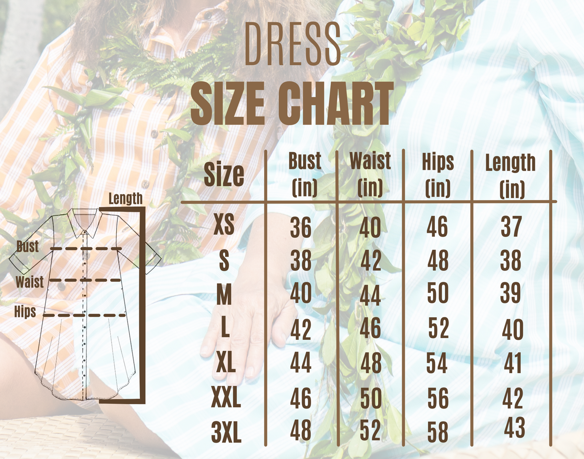 Dress size chart overlaying a close-up of two people sitting outdoors with leis. Warm lighting, hazy effect.