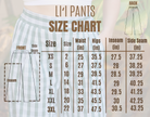 Liʻi Pants with a Waiākea Palaka pattern, partially visible. Size chart overlay details waist, hips, inseam, and side seam.